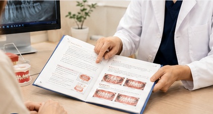 資料を用いてセラミック治療について丁寧に説明する様子
