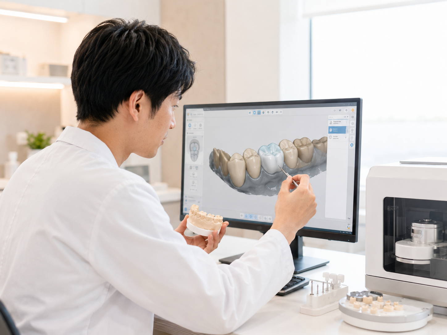 歯科技工士がデジタルデータを確認しながらセラミックを設計している様子