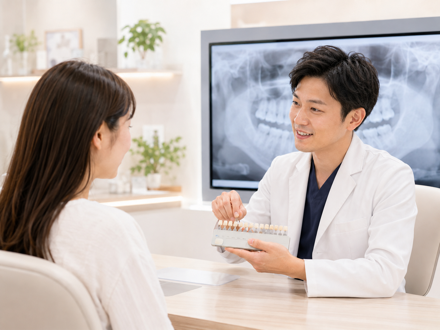 歯科医師がシェードガイドを用いてセラミック治療の説明をしている様子
