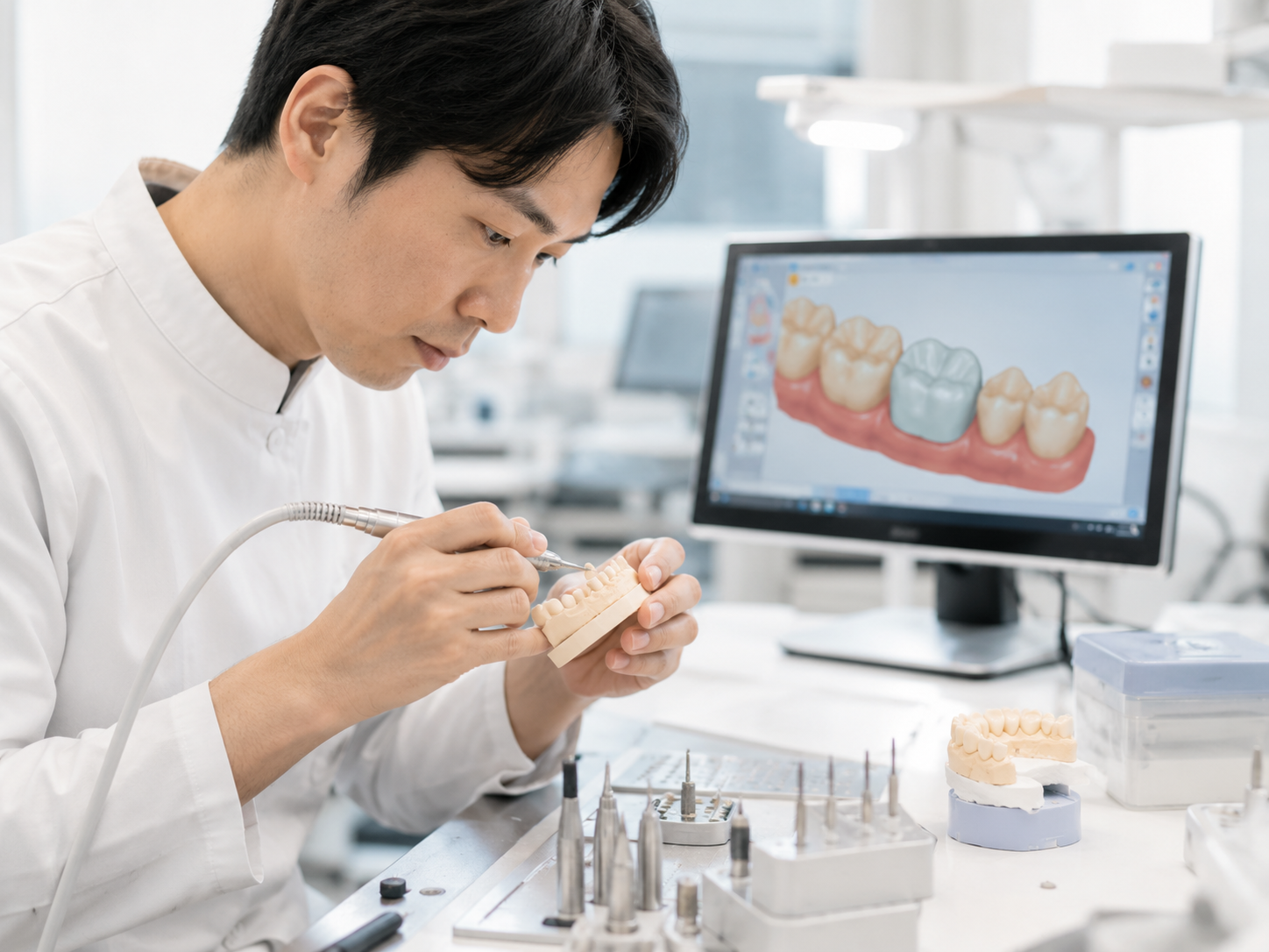 歯科技工士がデジタルデータを確認しながらセラミック修復物を製作している様子