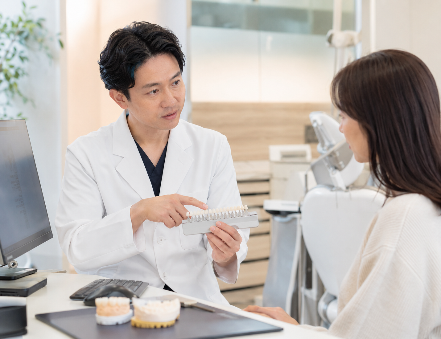 歯科医師がシェードガイドを用いてセラミック治療を説明している様子