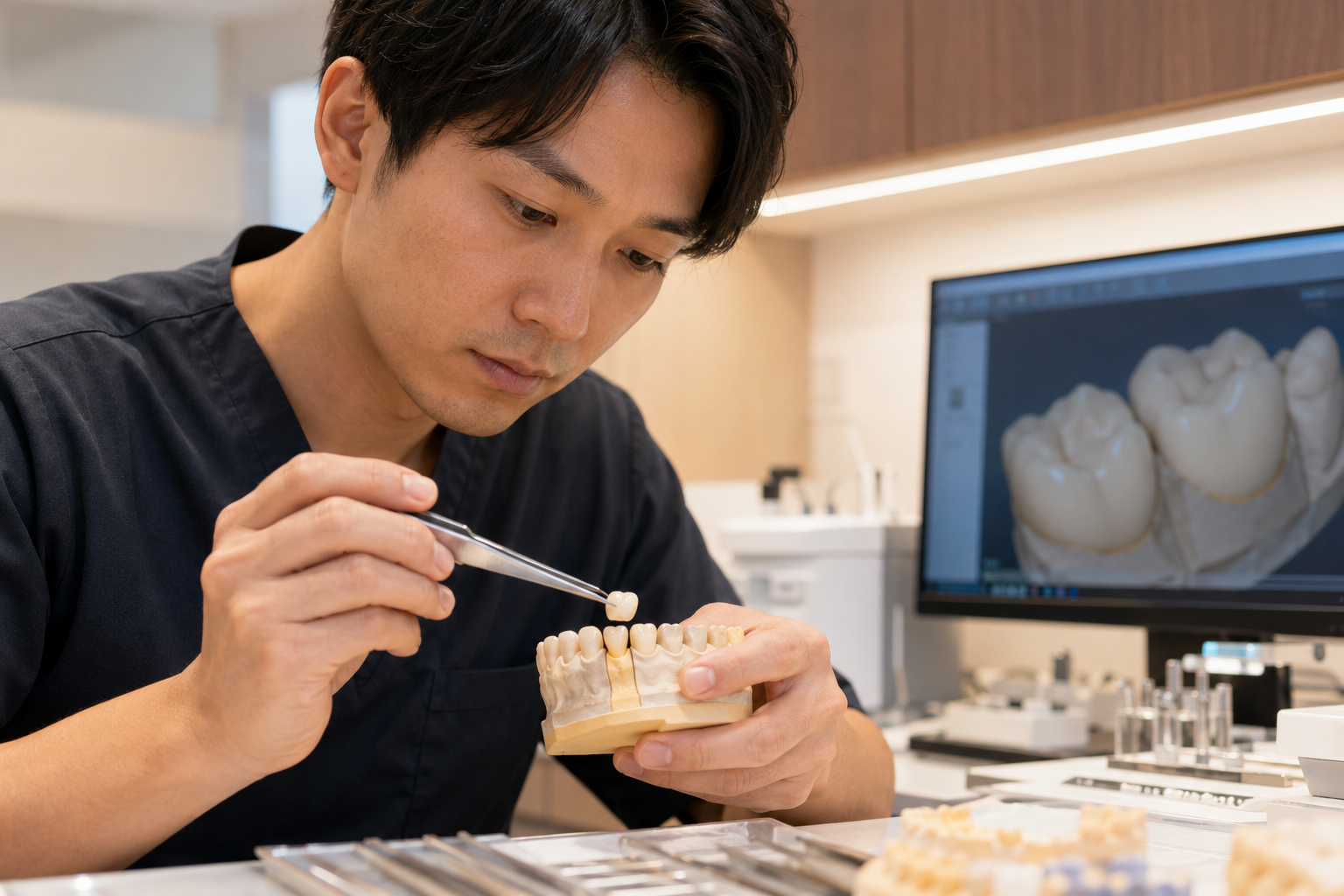 歯科技工士がセラミッククラウンの形態と適合状態を確認している様子